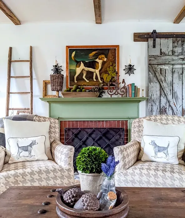 Sherwin Williams Artichoke living room fireplace paint