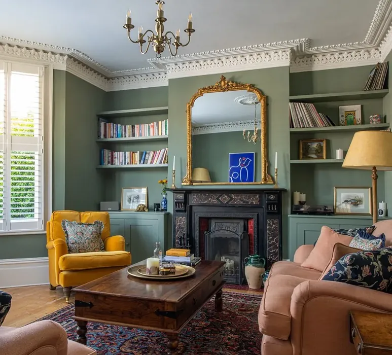 Farrow and Ball Card Room Green living room fireplace paint review