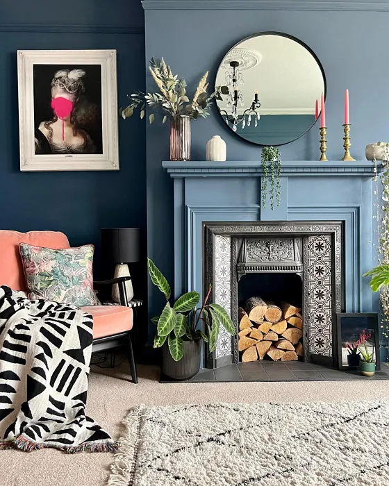 Little Greene Hicks' Blue 208 living room fireplace