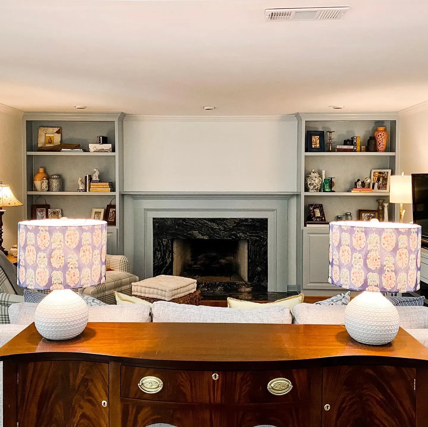 Sherwin Williams Niebla Azul modern living room fireplace color