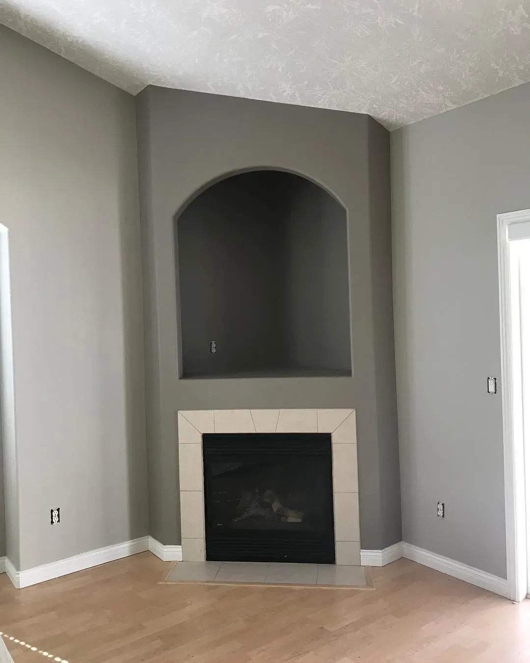 Sherwin Williams Pewter Tankard living room fireplace color