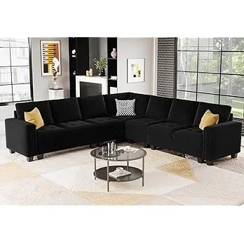 Belffin Modular Black Velvet Sectional L Shape Sofa