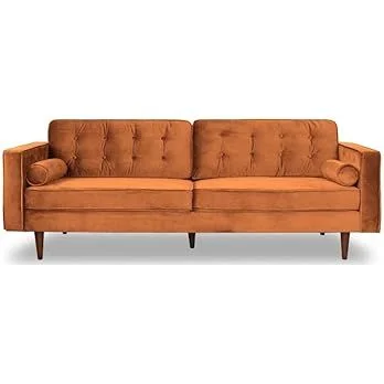 Mid-Century Modern Tufted Back Velvet Sofa in Orange