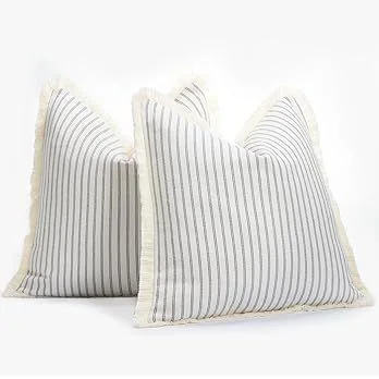 Set of 2 Striped Linen Cotton Decorative Pillows with Fringe