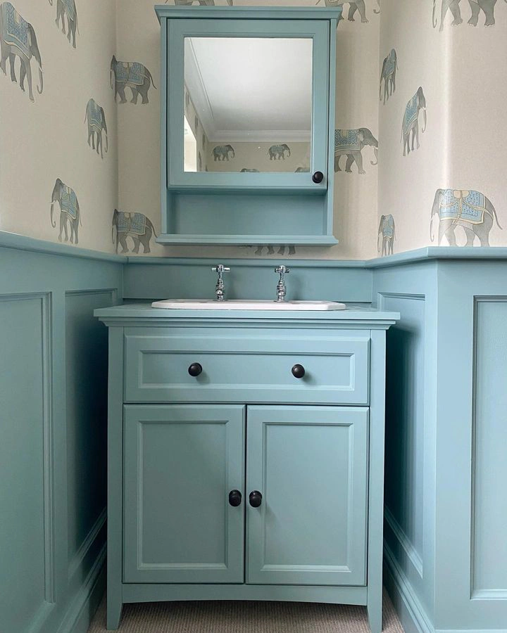 Farrow and Ball Dix Blue bathroom cabinet and trims
