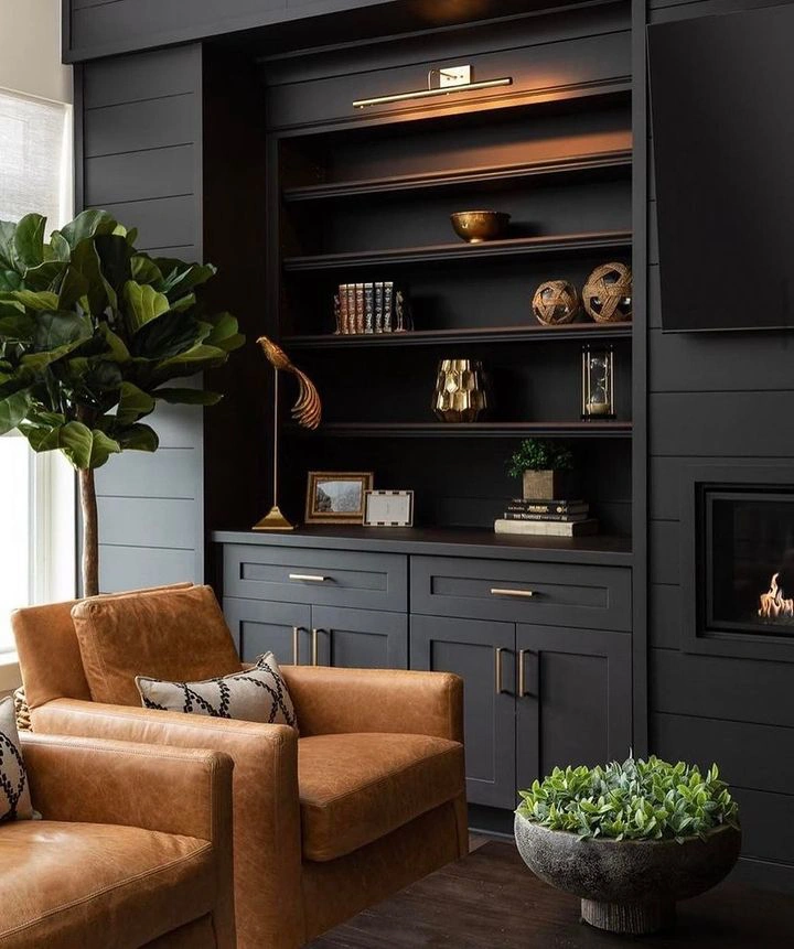 Dark interior with leather couch Sherwin Williams Iron Ore