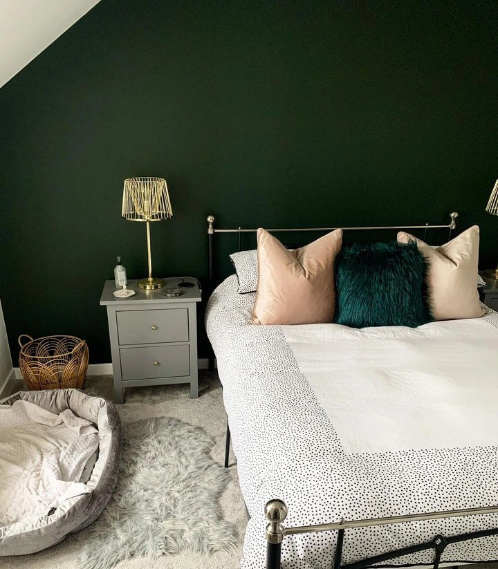 Dark green accent wall in bedroom Dulux Palm night
