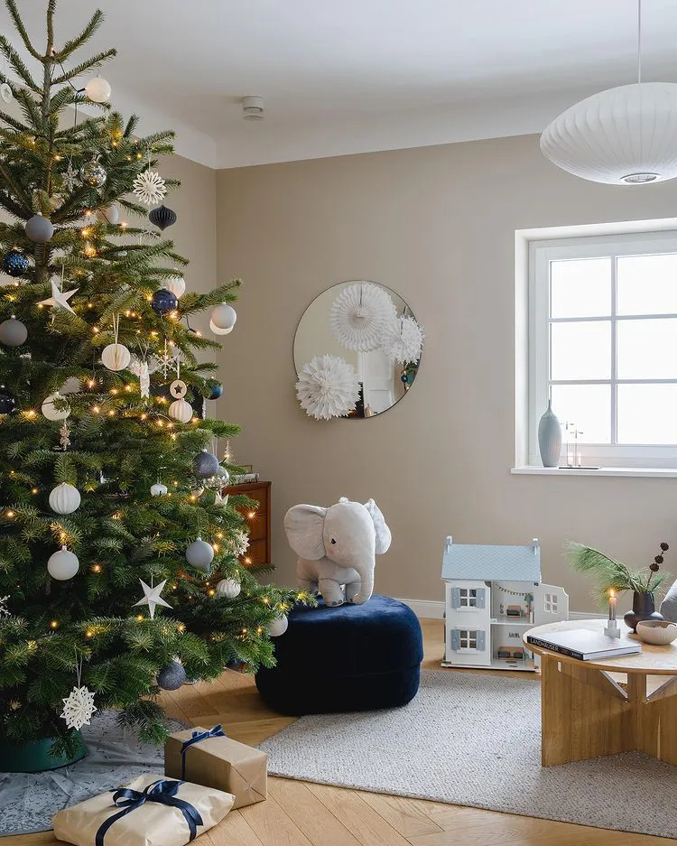 Greige Christmas interior with Farrow and Ball Stony Ground