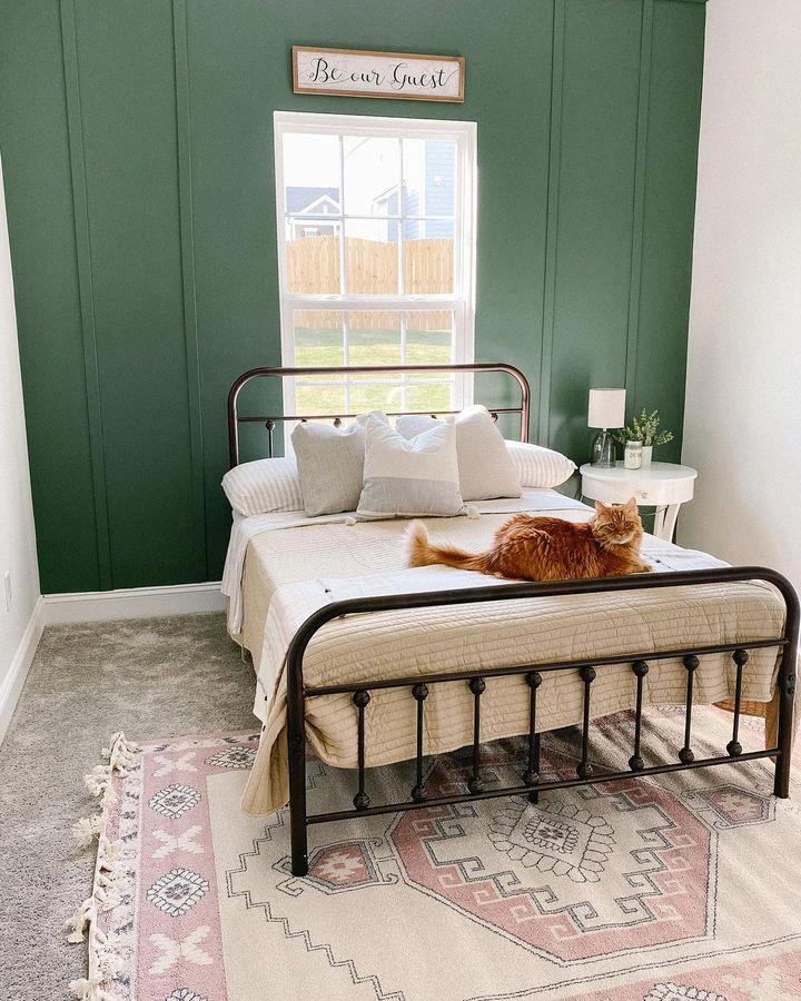 Green accent wall bedroom Sherwin Williams basil