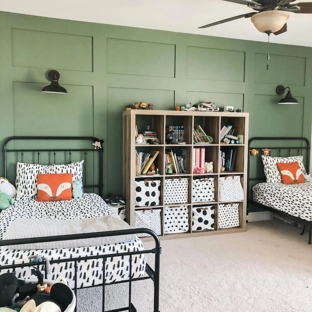 Green accent wall panelling Sherwin Williams Basil