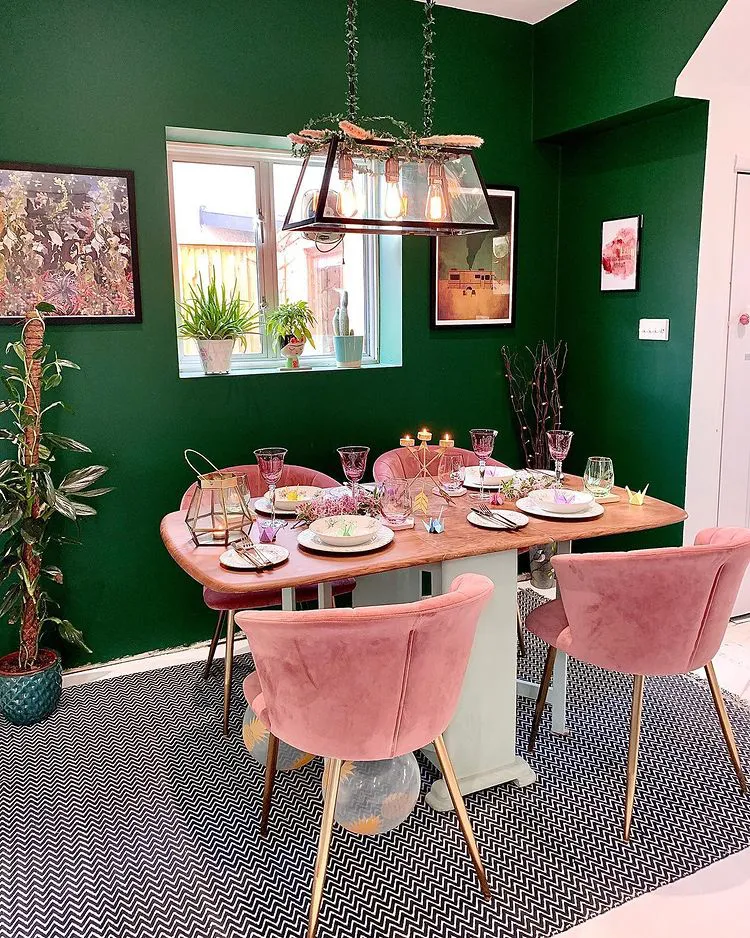 Green interior with pink furniture Dulux 90GY 08/187 Woodland Fern 1