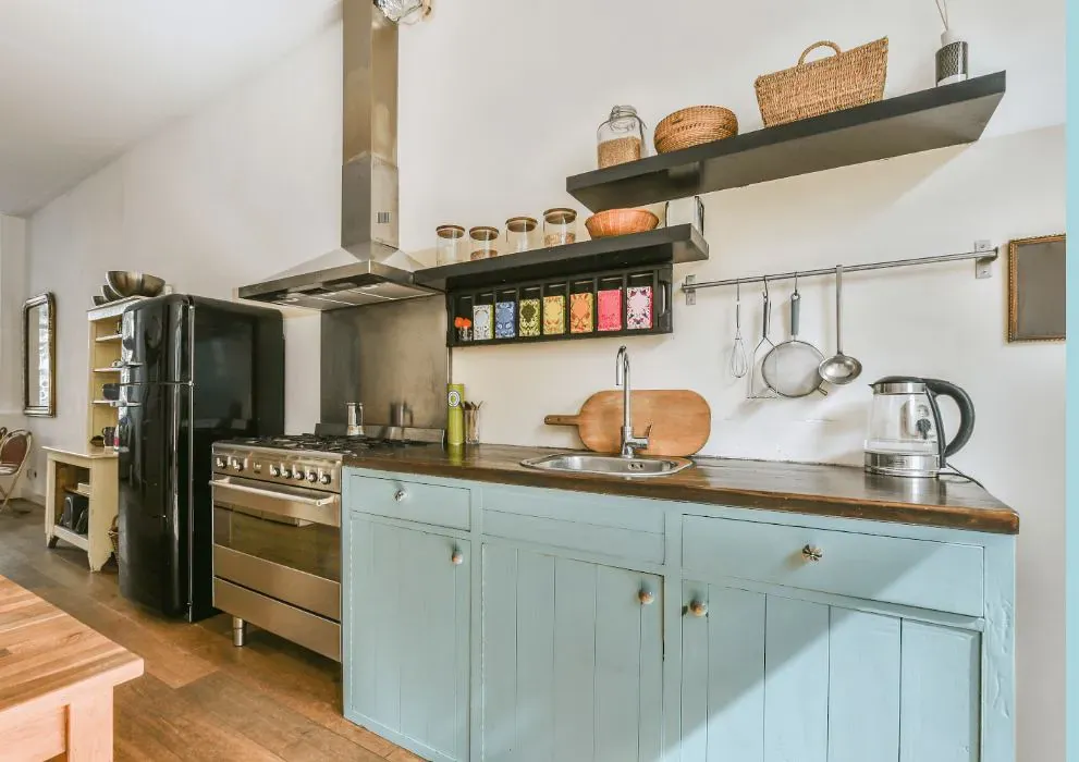 Sherwin Williams Aviary Blue kitchen cabinets