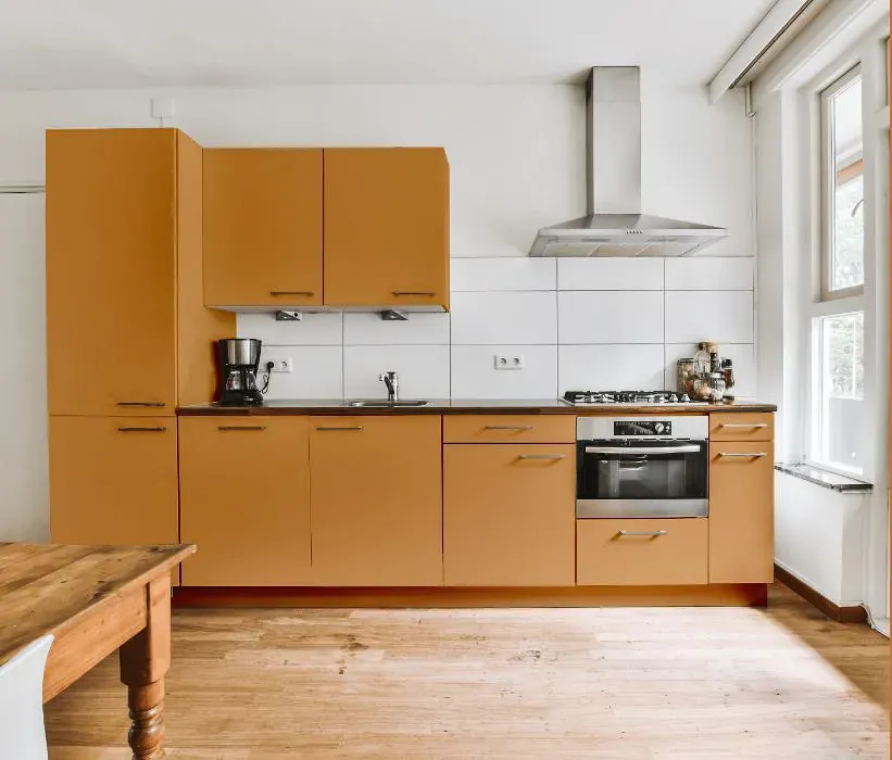 Sherwin Williams Bakelite Gold kitchen cabinets