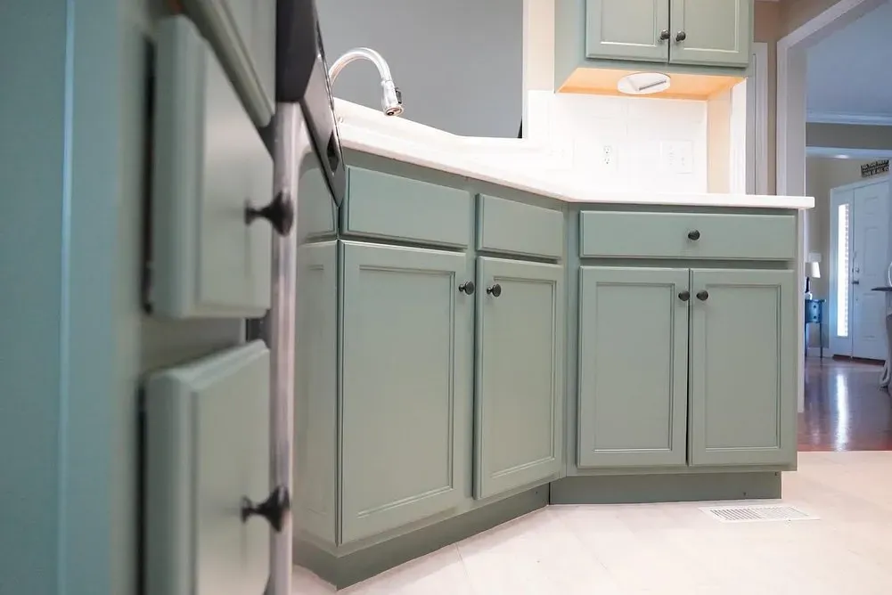 SW Basil kitchen cabinets paint review