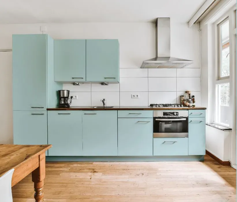 Sherwin Williams Bathe Blue kitchen cabinets