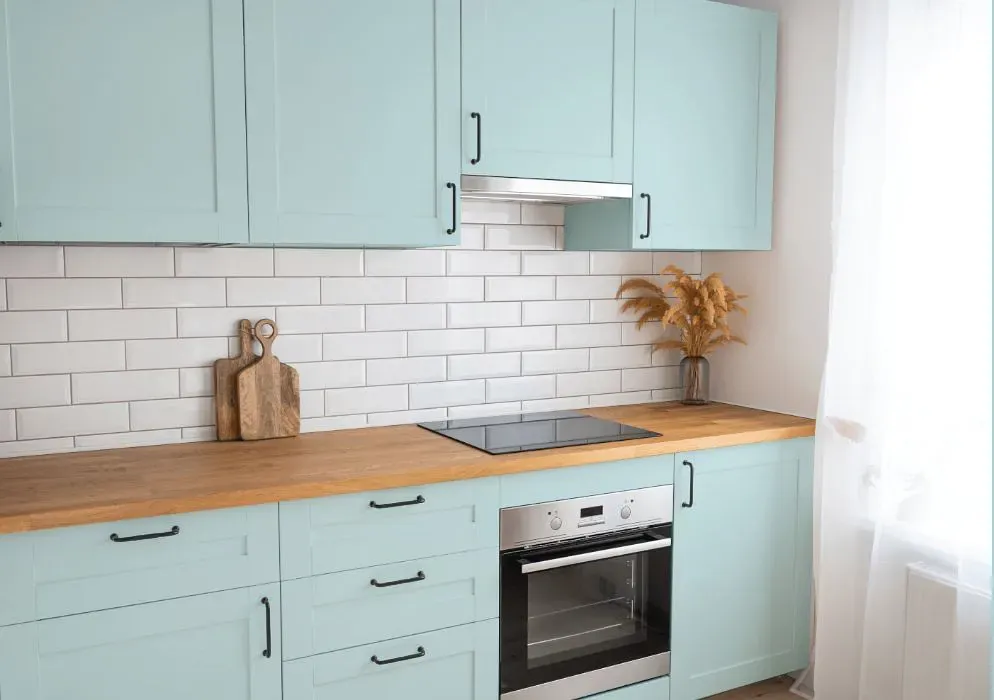 Sherwin Williams Bathe Blue kitchen cabinets