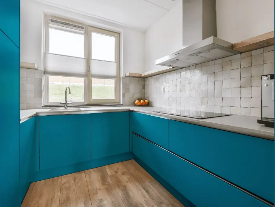 Behr Aruba Blue small kitchen cabinets
