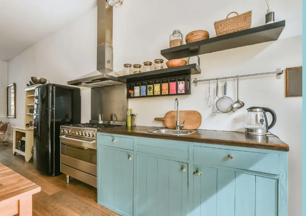 Behr Basin Blue kitchen cabinets