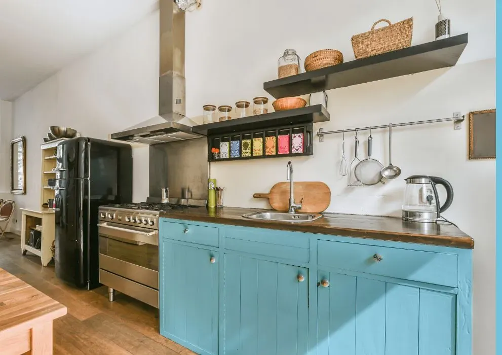 Behr Blue Sarong kitchen cabinets