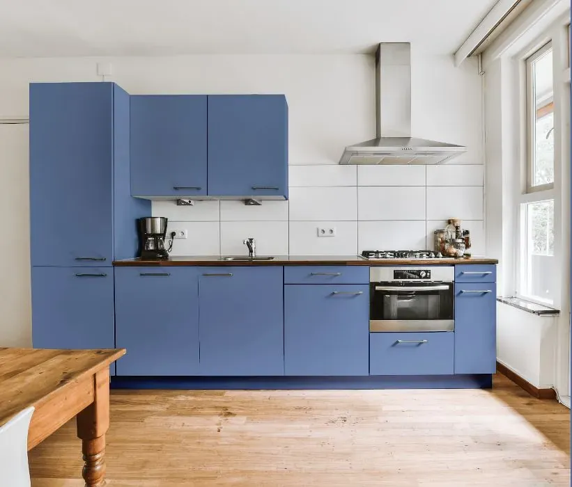 Behr Blue Satin kitchen cabinets
