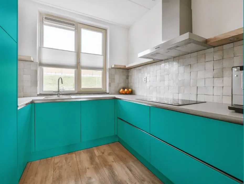 Behr Caicos Turquoise small kitchen cabinets