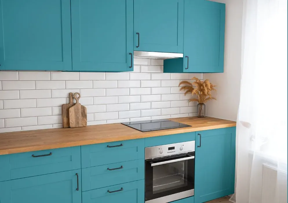 Behr Explorer Blue kitchen cabinets