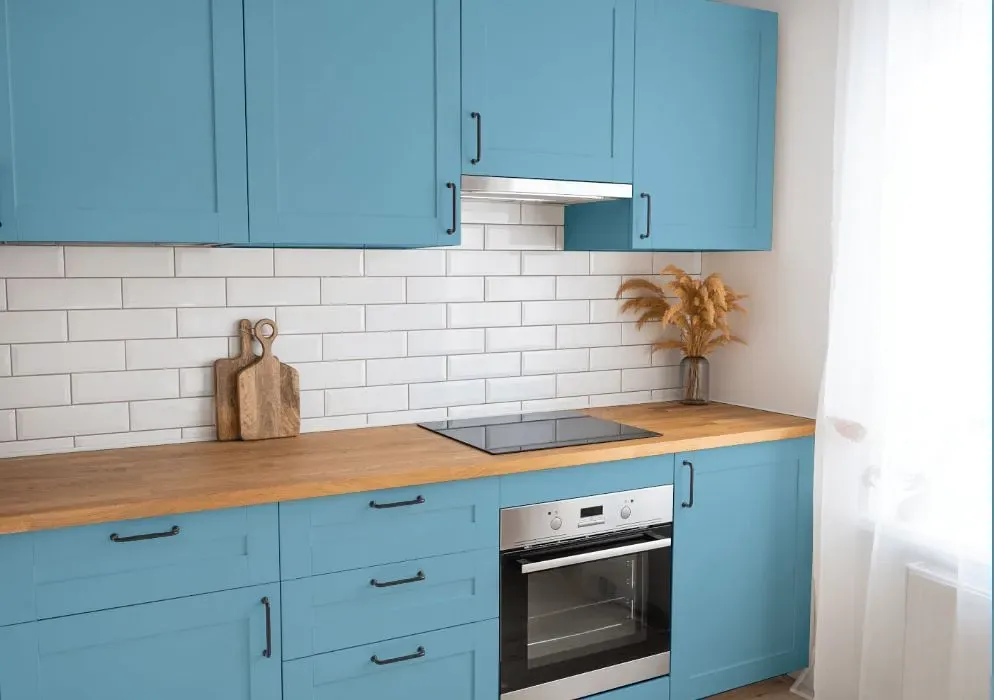 Behr Frisky Blue kitchen cabinets