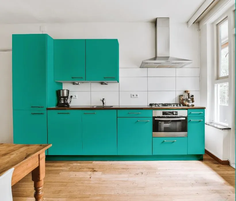 Behr Island Aqua kitchen cabinets