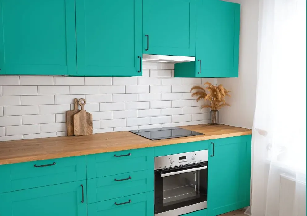 Behr Island Aqua kitchen cabinets