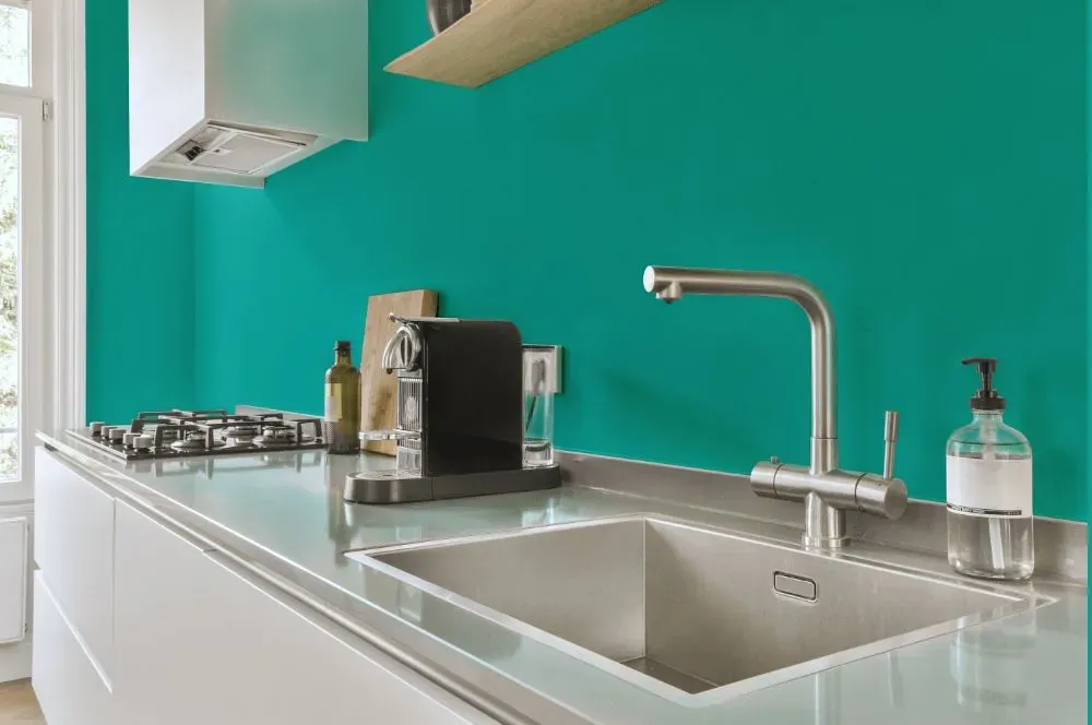 Behr Island Aqua kitchen painted backsplash