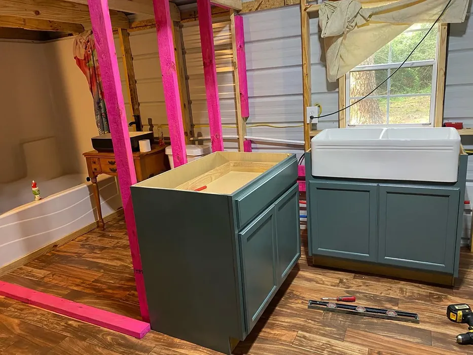 Behr Pine Mountain painted cabinets 