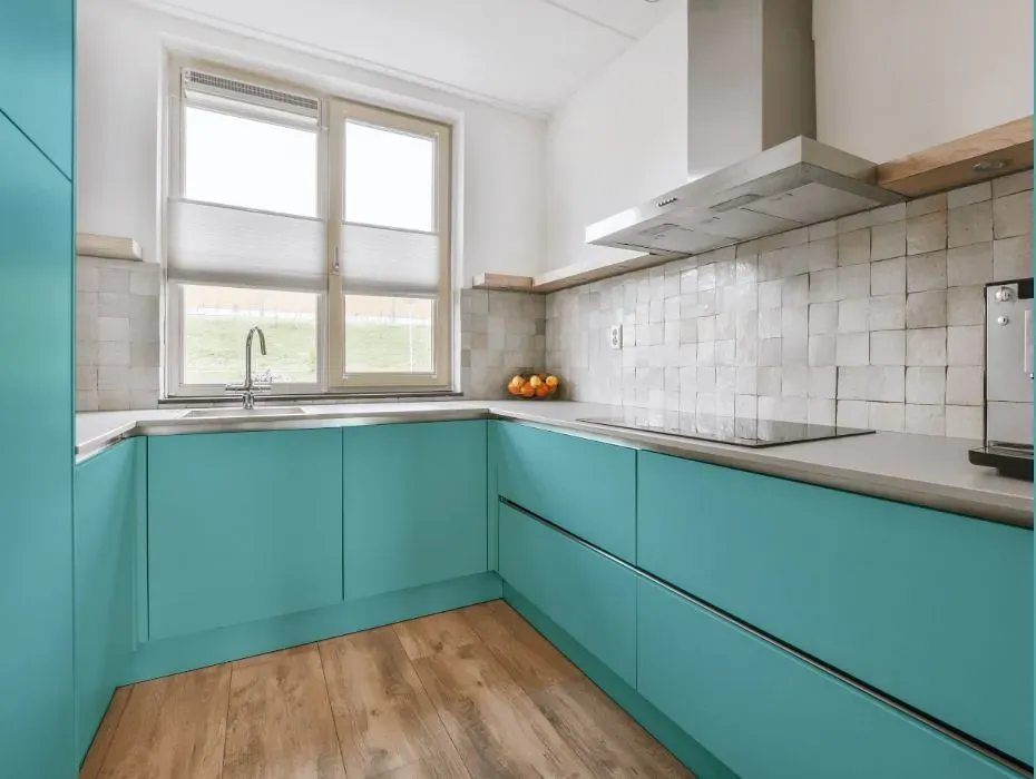 Behr Pure Turquoise small kitchen cabinets