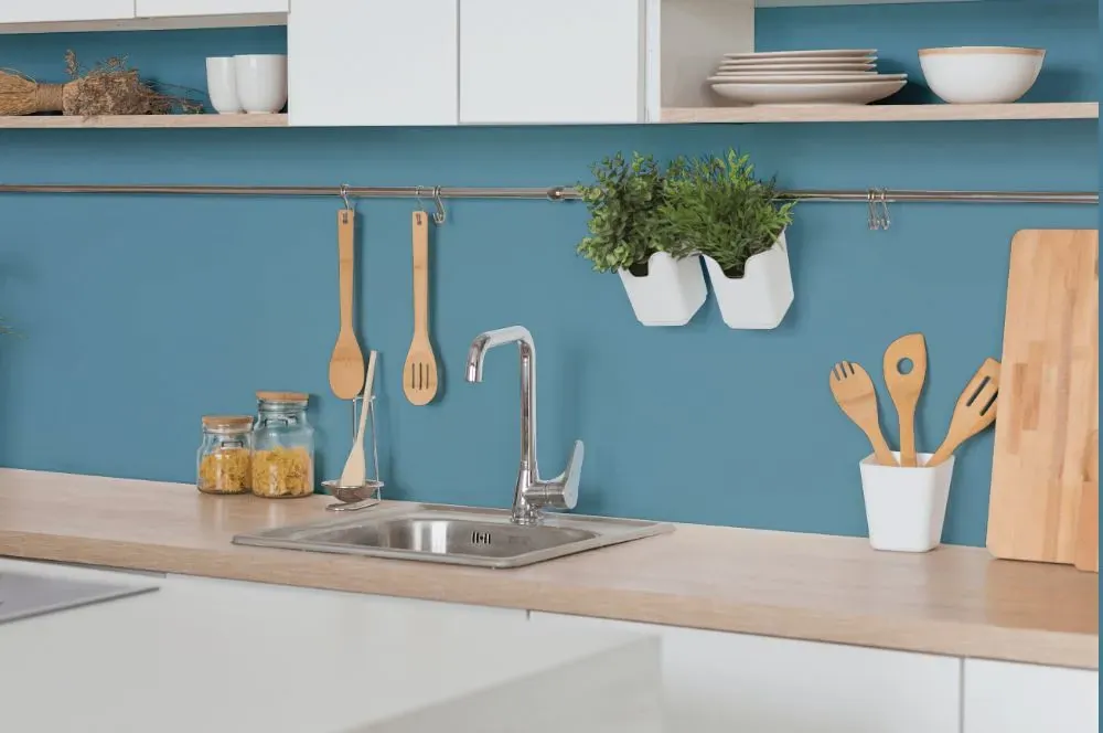 Behr Saga Blue kitchen backsplash