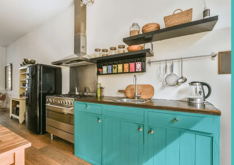 Behr Soft Turquoise kitchen cabinets