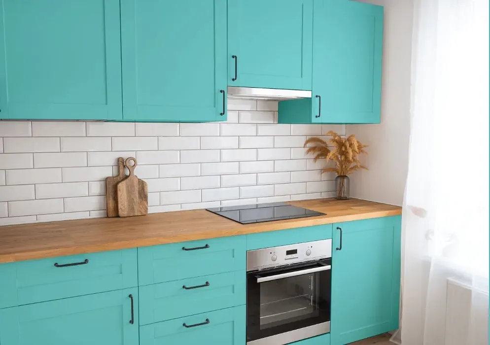 Behr Soft Turquoise kitchen cabinets