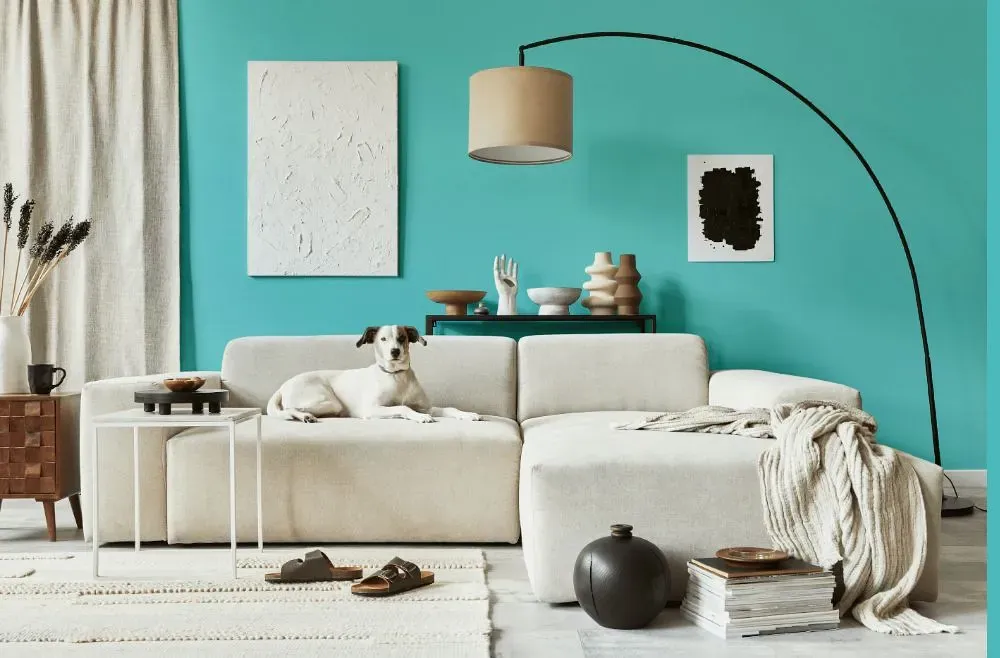 Behr Soft Turquoise cozy living room