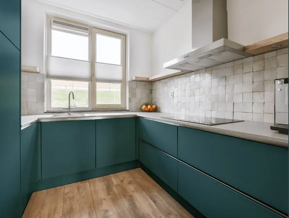 Behr Sophisticated Teal small kitchen cabinets
