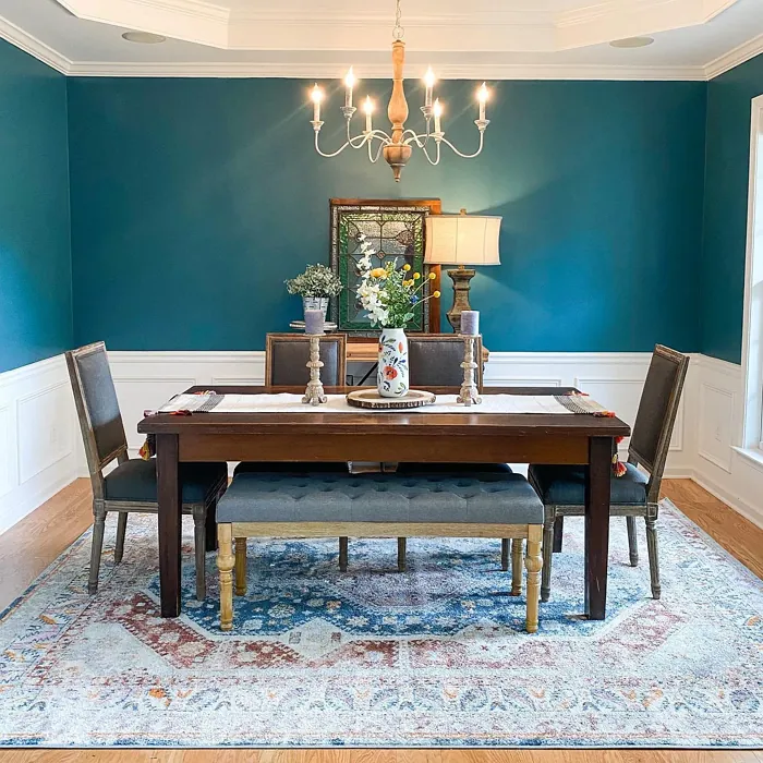 Behr Sophisticated Teal dining room color paint