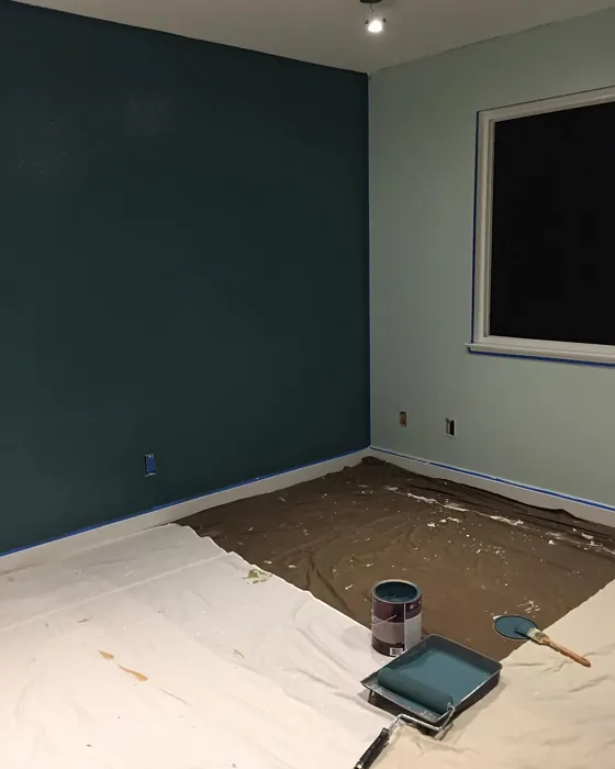 Behr Sophisticated Teal accent wall 