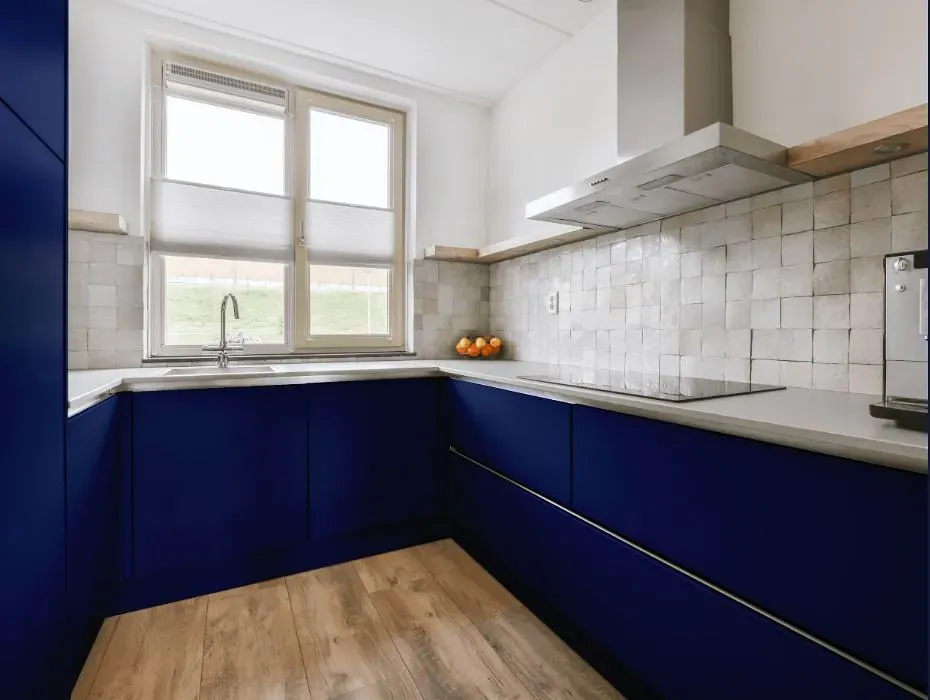 Benjamin Moore Admiral Blue small kitchen cabinets