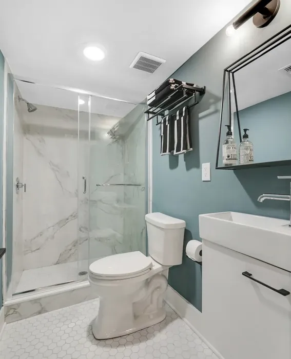 Benjamin Moore Aegean Teal Bathroom With Marble Tiles