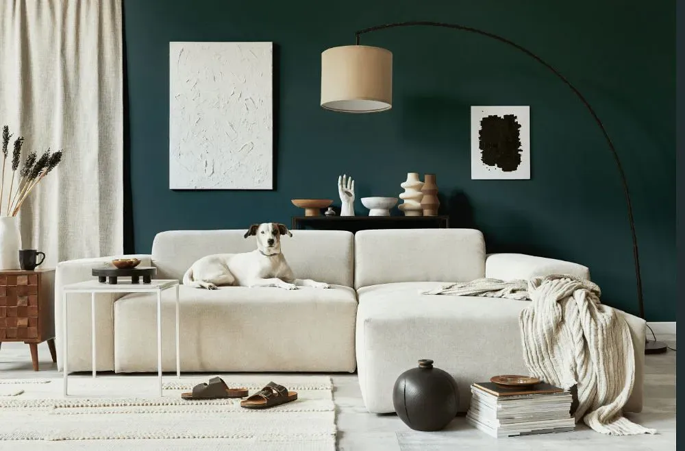 Benjamin Moore Amazon Green cozy living room