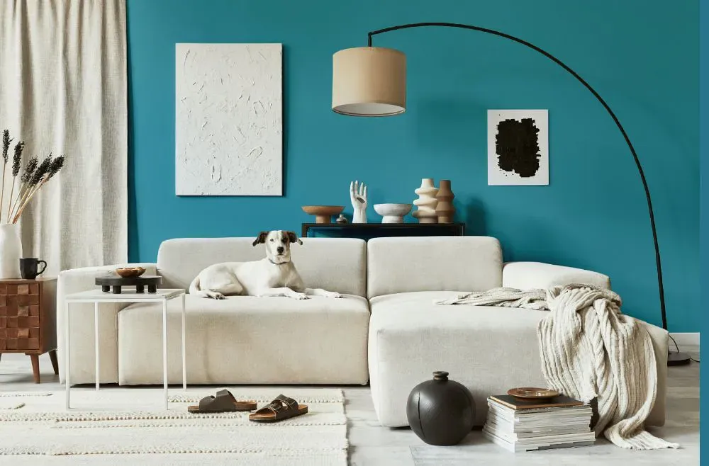 Benjamin Moore Ash Blue cozy living room