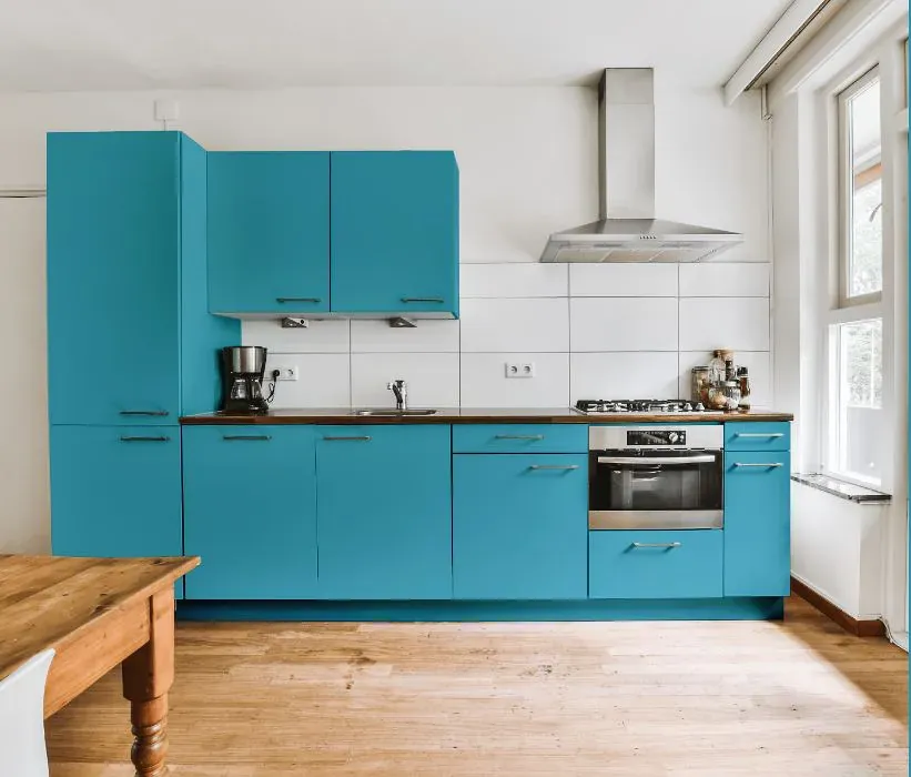 Benjamin Moore Atlantis Blue kitchen cabinets