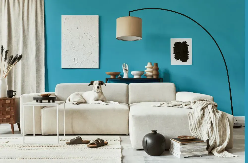 Benjamin Moore Atlantis Blue cozy living room
