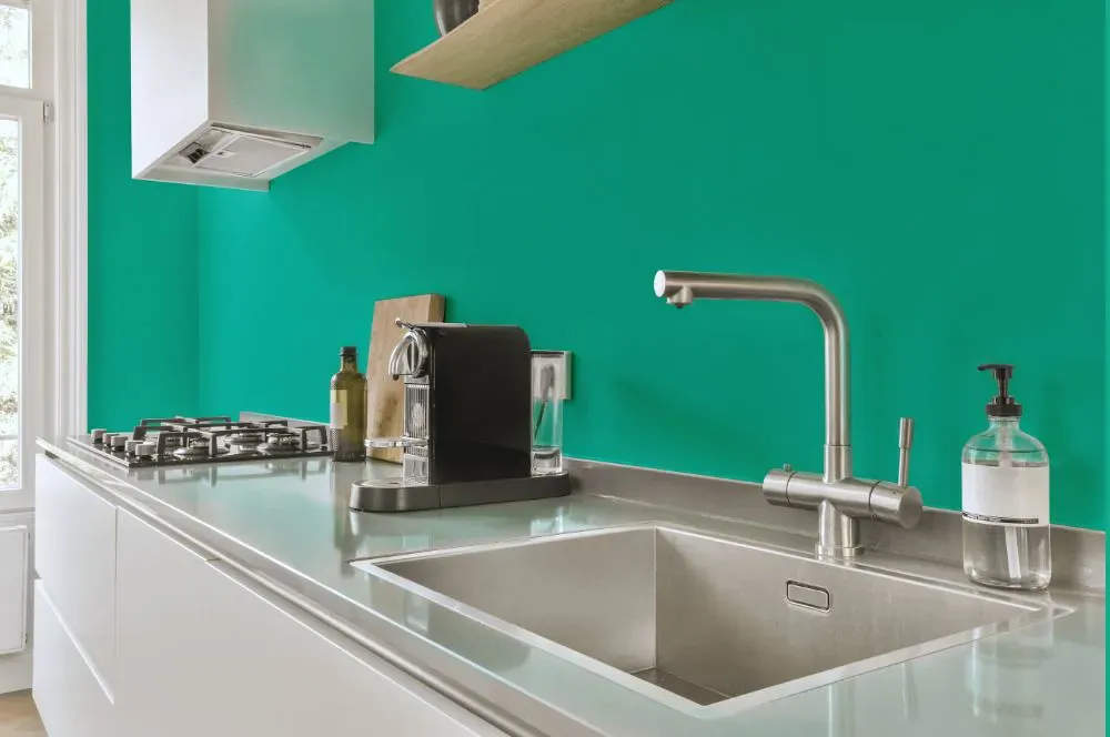 Benjamin Moore Bahama Green kitchen painted backsplash