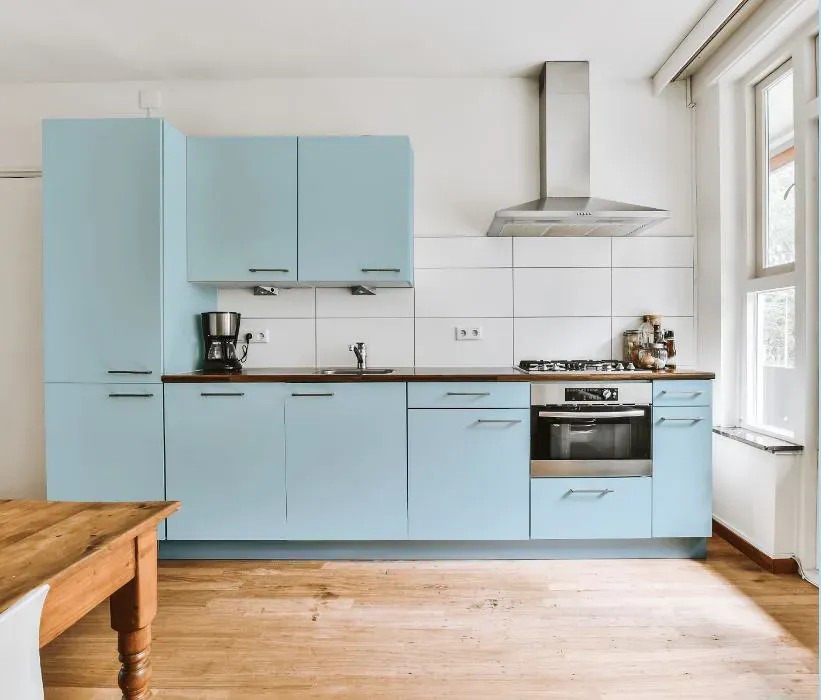 Benjamin Moore Bashful Blue kitchen cabinets