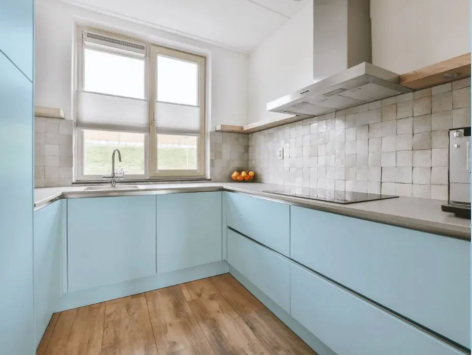 Benjamin Moore Bashful Blue small kitchen cabinets