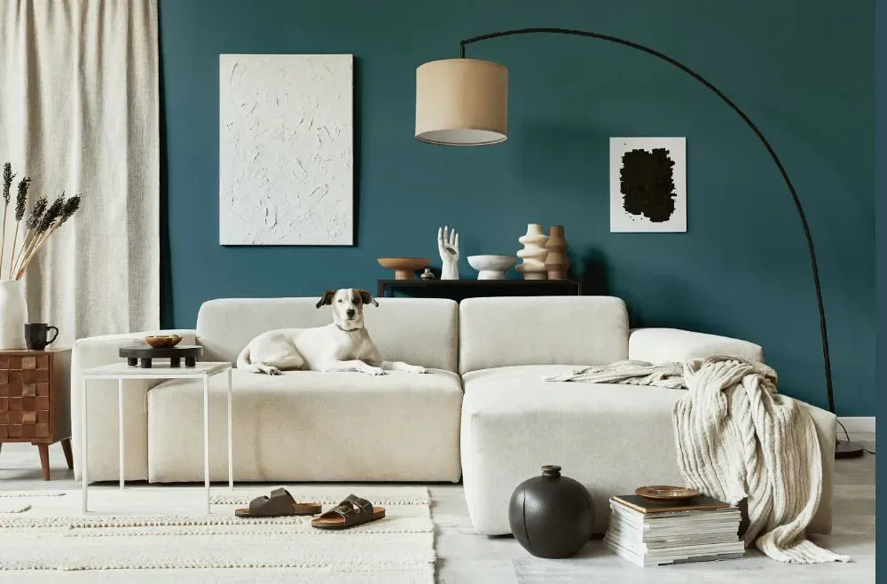 Benjamin Moore Bella Blue cozy living room
