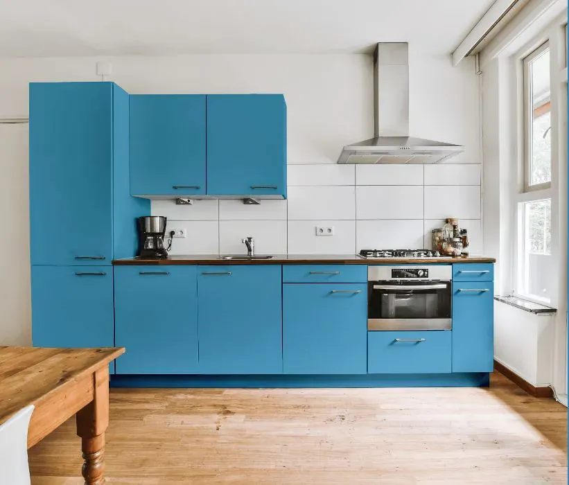 Benjamin Moore Blue Belle Island kitchen cabinets